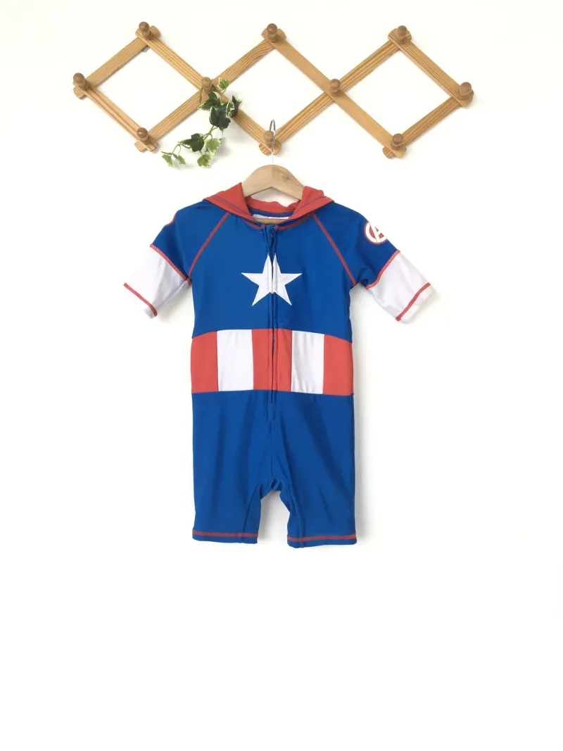 Kids Captain America Swimwear Bodysuitชุดว่ายน้ำเด็ก Captain America ชุดบอดี้สูท