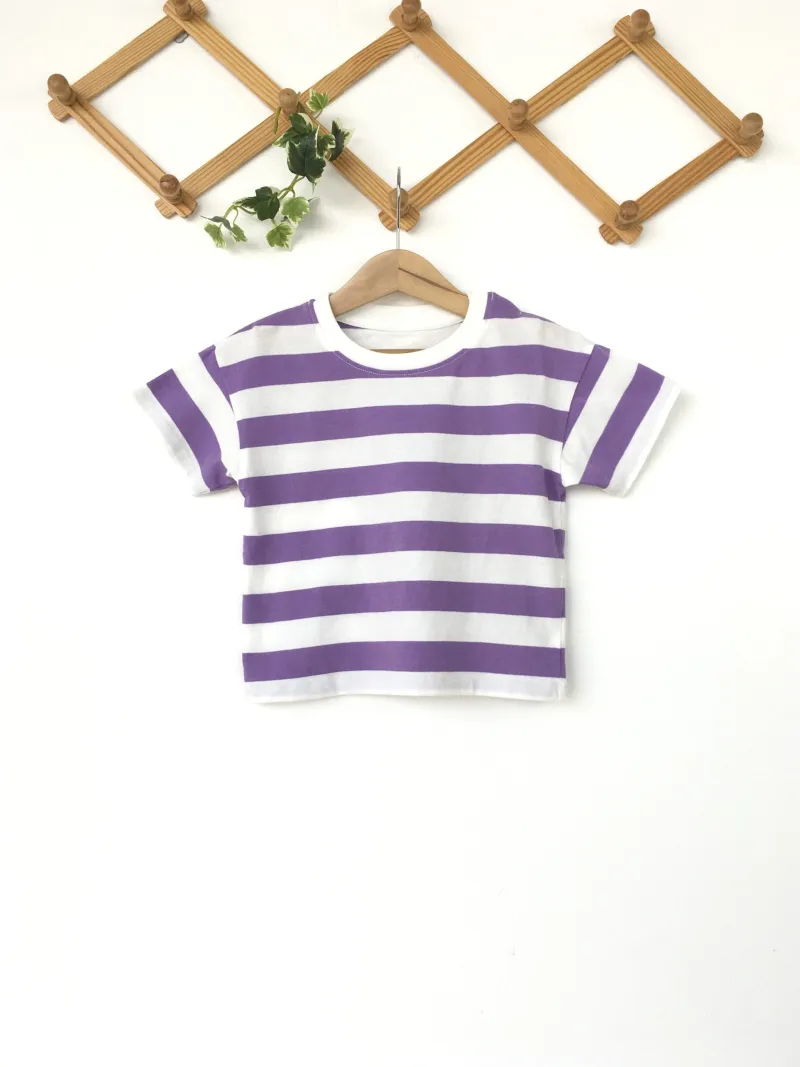 Cotton round neck short sleeve striped t-shirtเสื้อยืดลายทางม่วงขาว