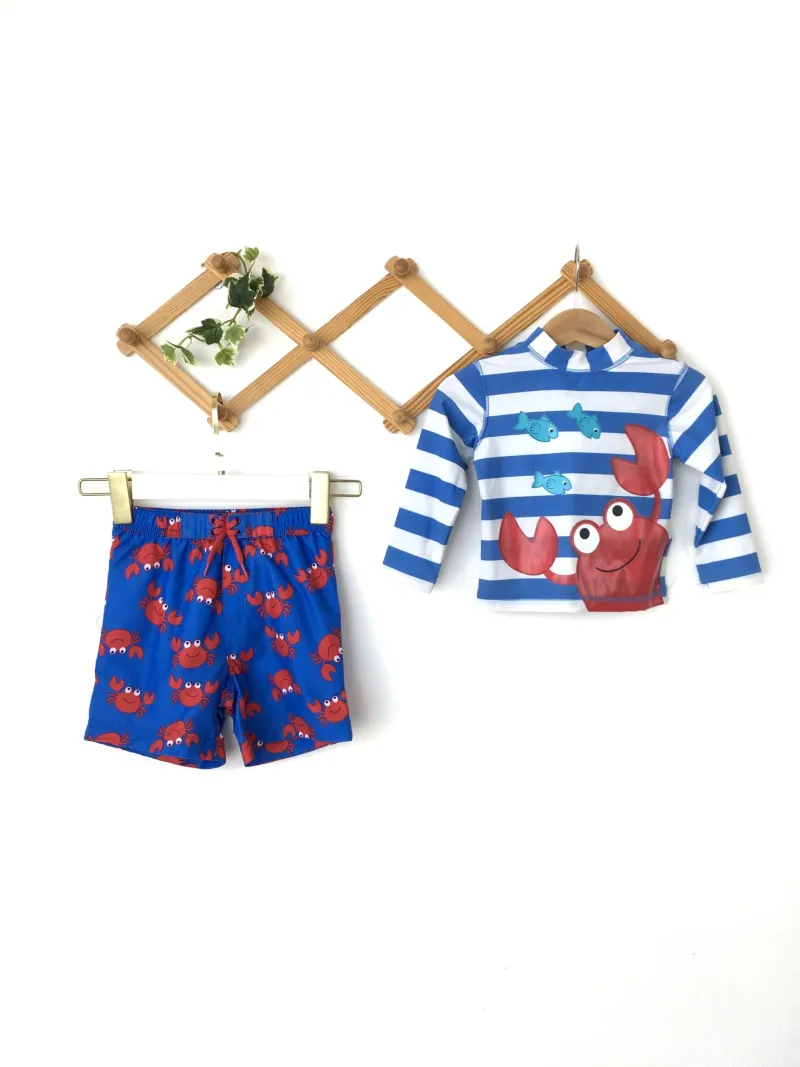 Toddler Boys Cartoon Crab Striped Swimsuitชุดว่ายน้ำเด็กผู้ชายลายการ์ตูนปู